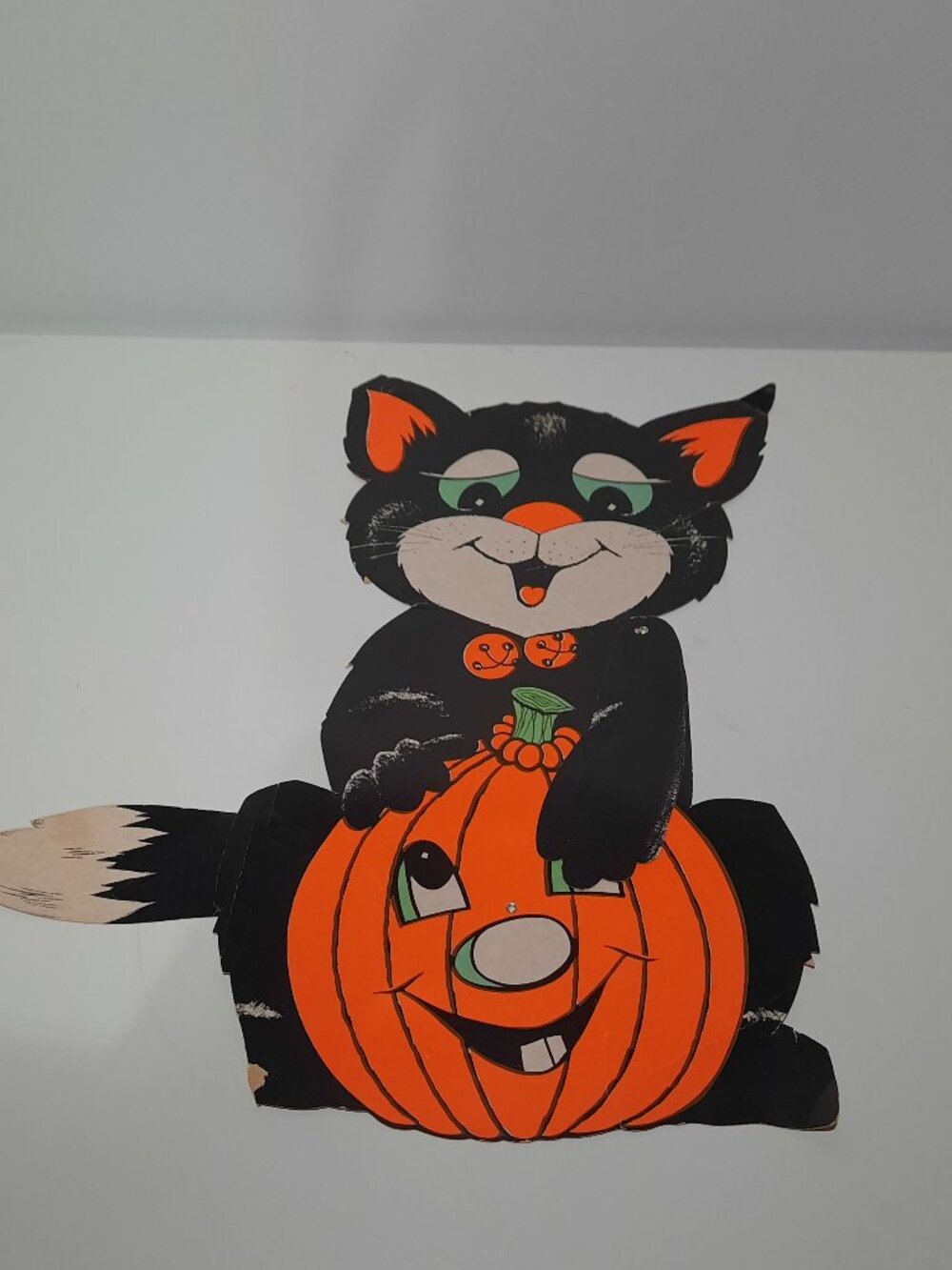Vintage Halloween Black Cat Pumpkin Articulated Die Cut Decoration Incomplete